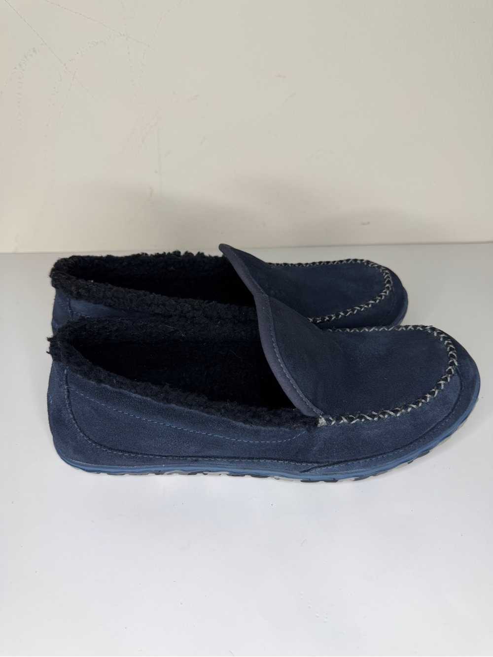 LL Bean Mountain Slippers Mens US 10M Blue Suede Fleece Lined ID301052 Slip On